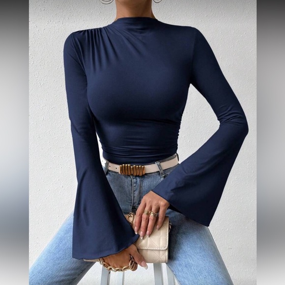 Elegant Navy Blue Long Sleeve Women's Bodysuit Top - Picture 1 of 16